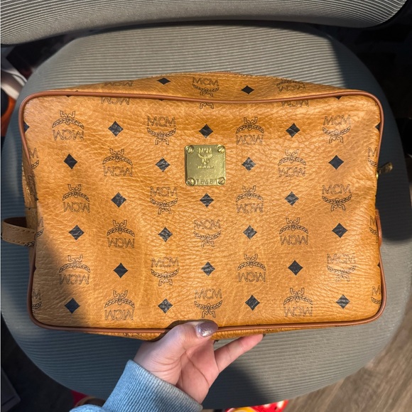 MCM Visetos Authentic Cosmetic Bag Monogram Logo Brown Clutch Bag Travel Pouch - Picture 7 of 10
